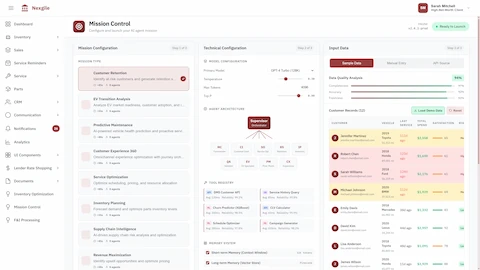Mission Configuration - Mission type selection (Customer Retention, EV Transition, Predictive Maintenance), supervisor architecture, and customer records input